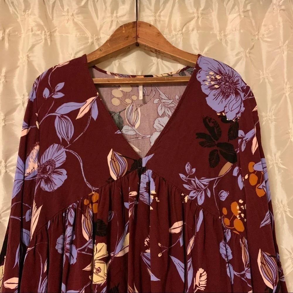 Free People Bella Floral-Print Tunic Mini Dress Purple Bell Sleeve V Neck